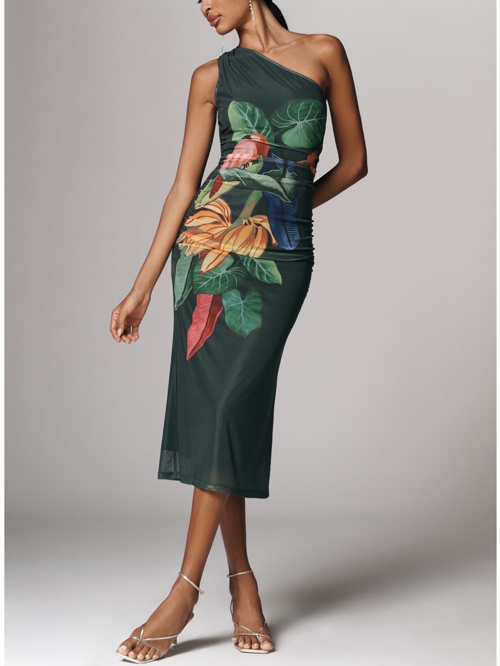 New FARM Rio x Anthropologie Hunter Green Tropical Print One Shoulder Midi Dtess